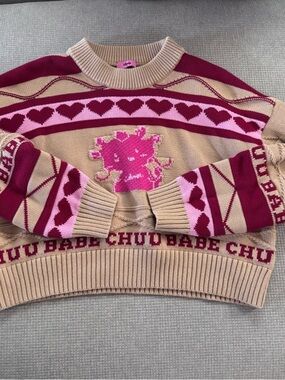 Chuu Babe Chu Beige and Pink Heart Knit Sweater women 00